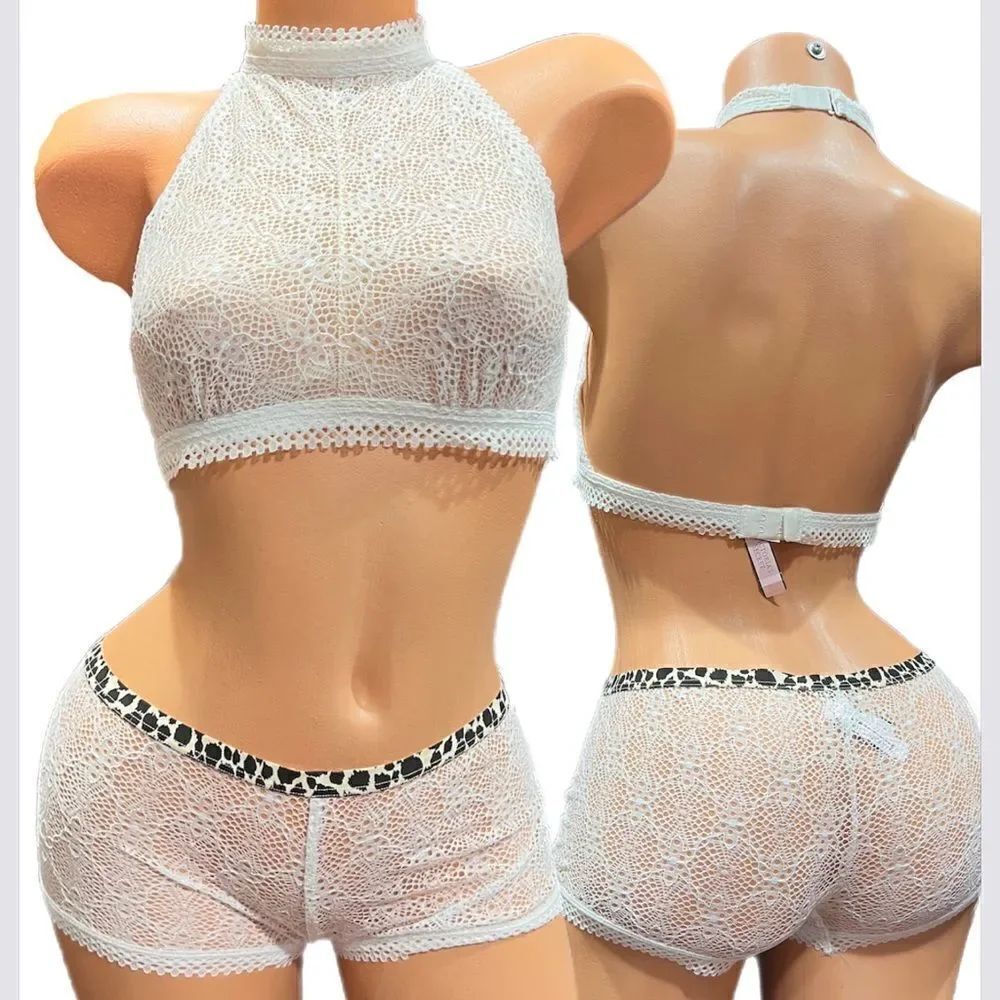 Victorias Secret lace Set Unlined High Neck bralette bra & Shortie Coconut white